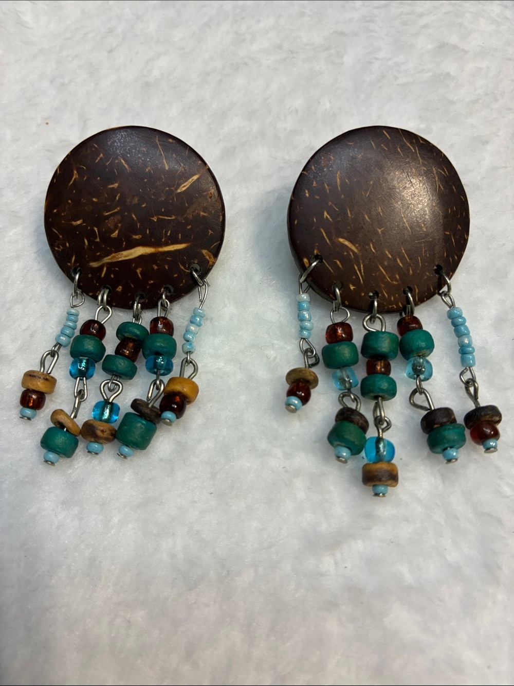 Vintage Brown Coconut Disk Earrings with Turquoise and Amber Beads